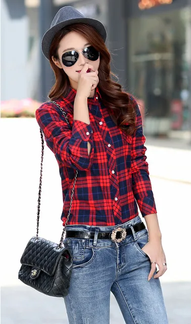 2017 Women's Cotton Winter Fashion Casual Warm Wool Shirts Blouse For Women's Long Sleeve M-XXL Size Femme Velvet Plaid Shirt