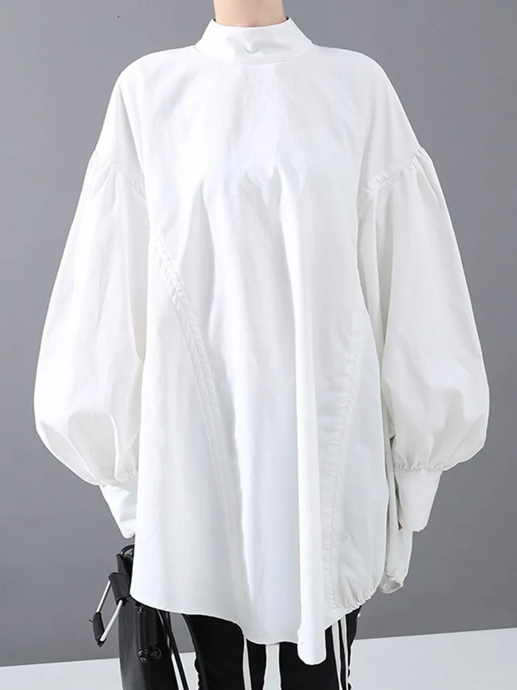 deanwangkt Women Back Long Drawstring Big Size Blouse New Satnd Collar Long Sleeve Loose Fit Shirt Fashion Spring Autumn  1N242