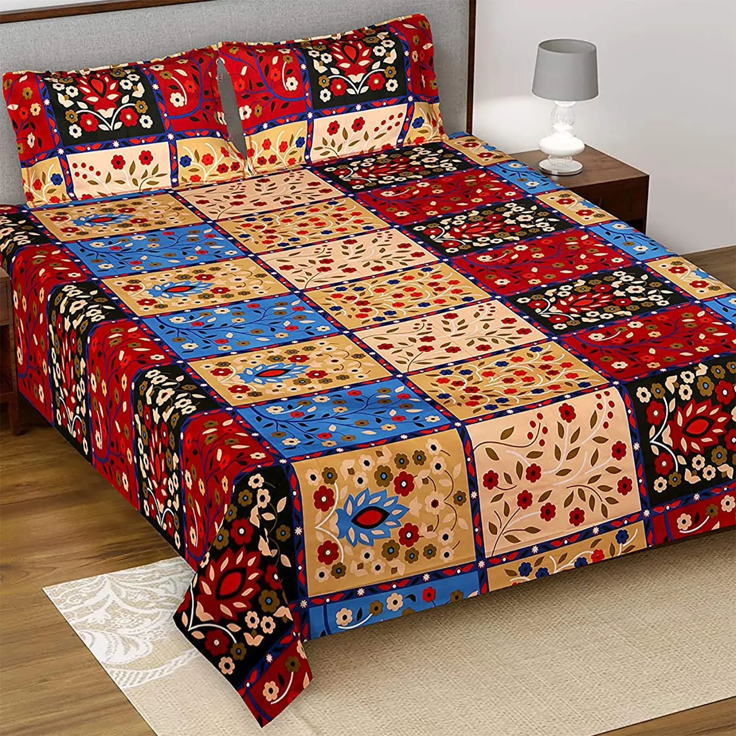 Heart Home Floral Print Luxurious Soft Breathable & Comfortable Cotton Double Bedsheet with 2 Pillow Covers, 90"x100" (Multicolor)