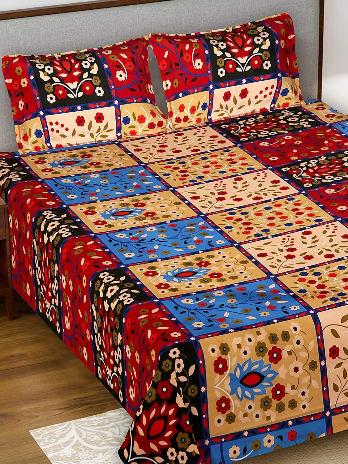 Heart Home Floral Print Luxurious Soft Breathable & Comfortable Cotton Double Bedsheet with 2 Pillow Covers, 90"x100" (Multicolor)