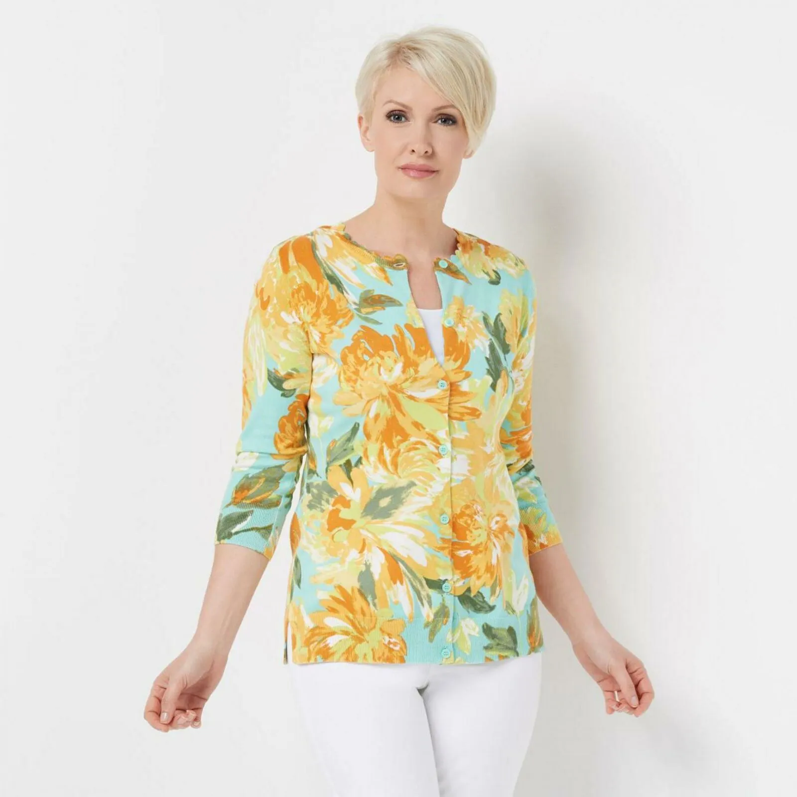 Isaac Mizrahi Live! Watercolor Floral Printed Cardigan Yellow Plus 3X