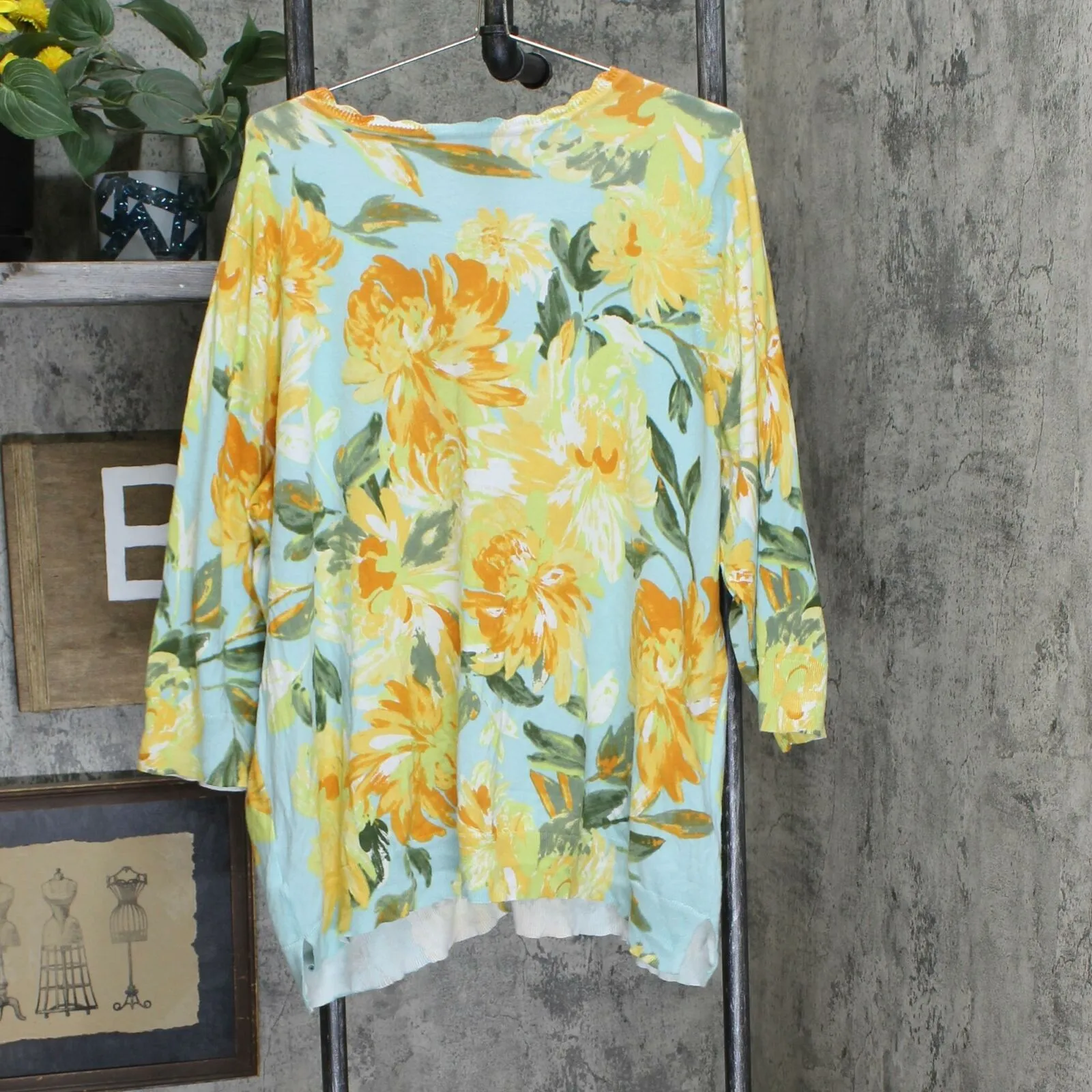 Isaac Mizrahi Live! Watercolor Floral Printed Cardigan Yellow Plus 3X