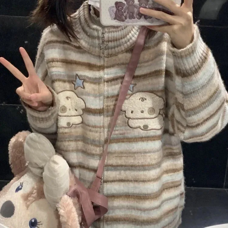 Joskaa Harajuku Kawaii Striped Sweaters Mujer Spring Stand Collar Dog Print Cardigans Y2k Grunge Long Sleeve Zipper Knitted Tops