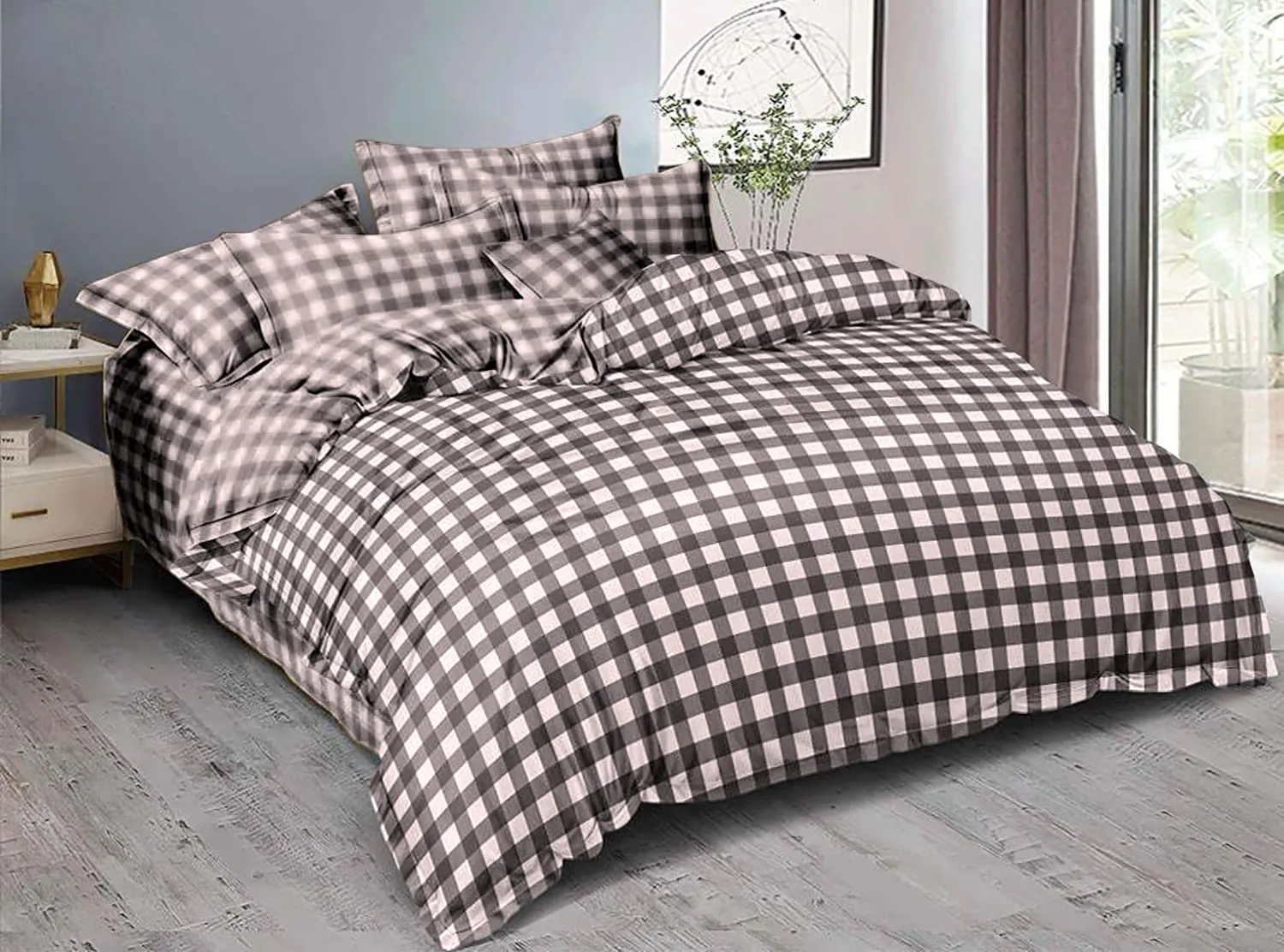 Kuber Industries Check Printed Luxurious Soft Breathable & Comfortable Cotton Double Bedsheet with 2 Pillow Covers (White & Brown)-HS43KUBMART26821