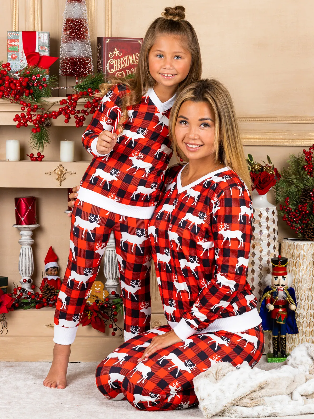 Mommy and Me Reindeer Plaid Pajama Set