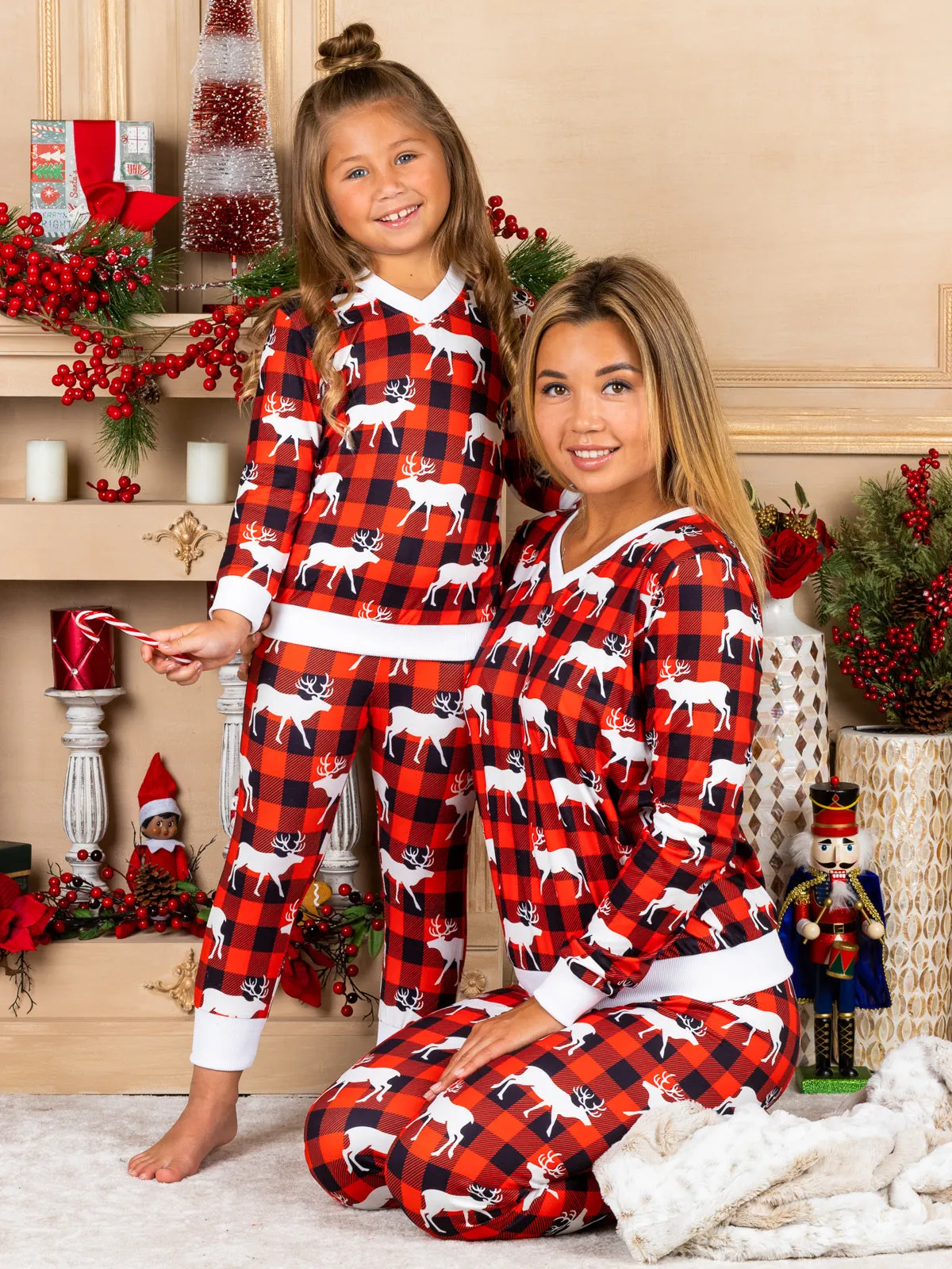 Mommy and Me Reindeer Plaid Pajama Set