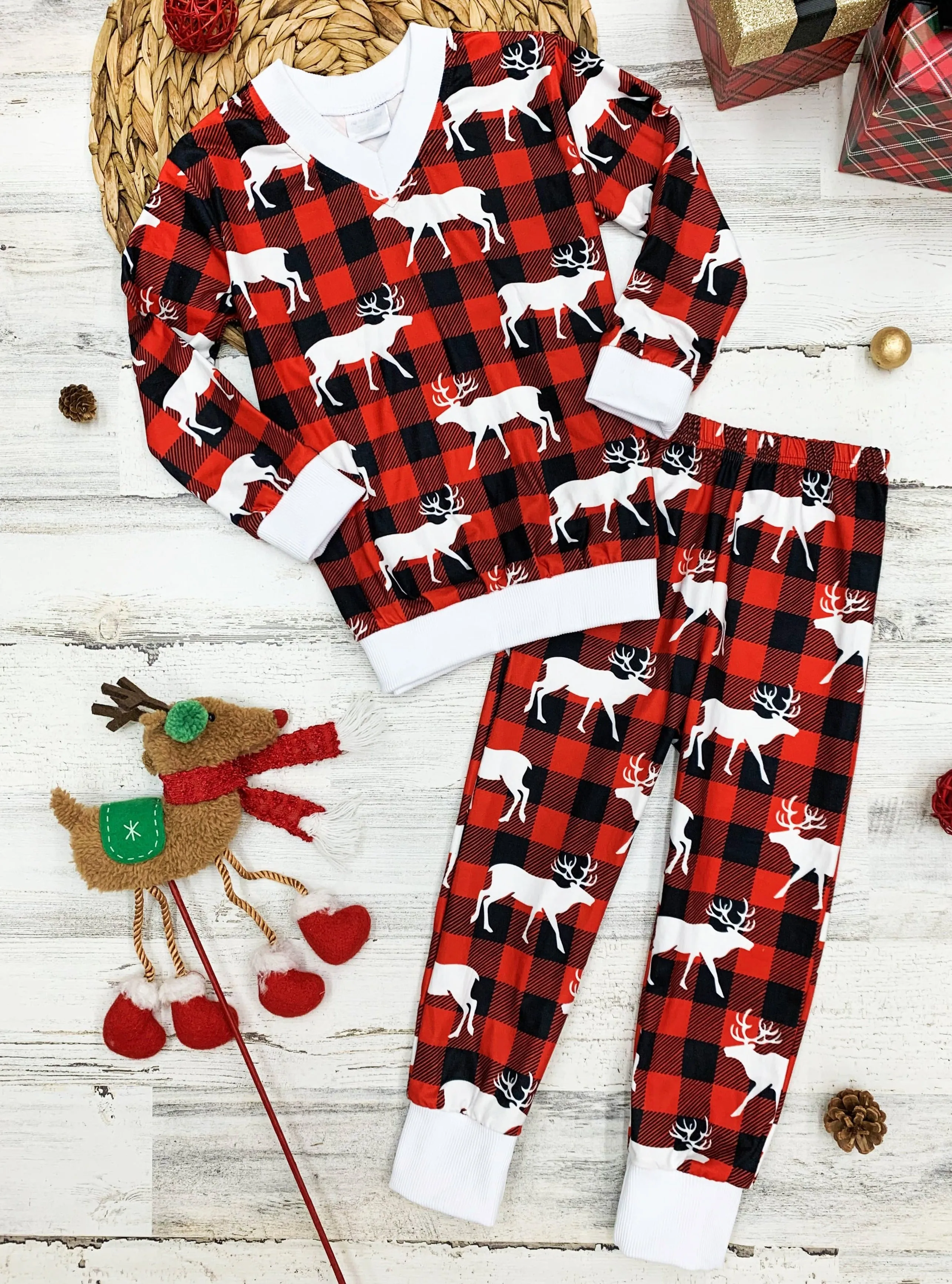 Mommy and Me Reindeer Plaid Pajama Set