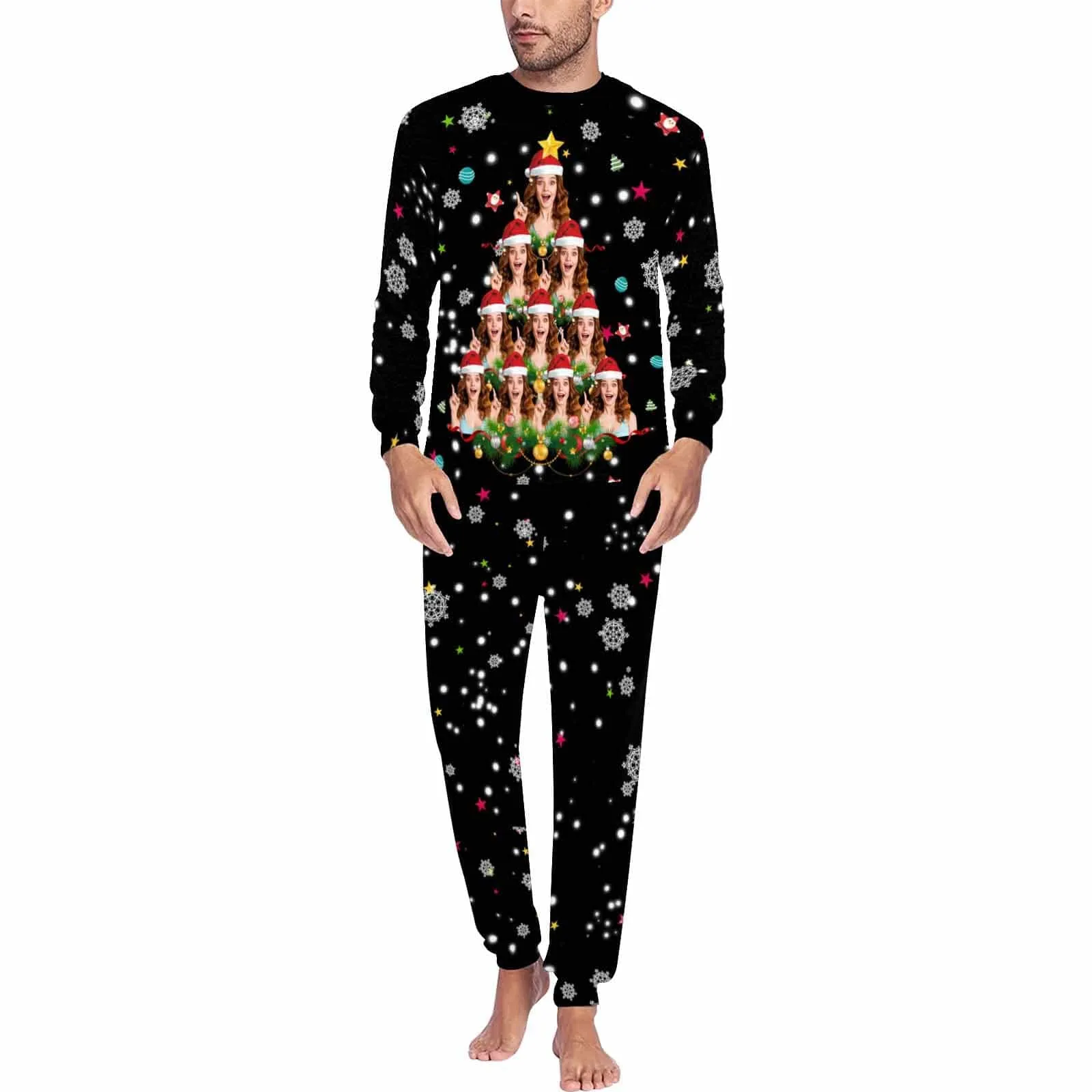 Personalized Family Matching Long Sleeve Pajamas Set Custom Face Christmas Santa Claus Nightwear