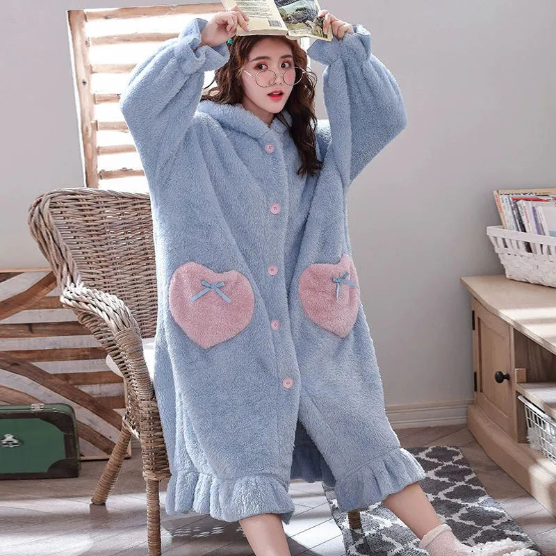 Plus Velvet Coral Velvet Pajamas Nightgown  Cute Bathrobe and Nightdress for Women