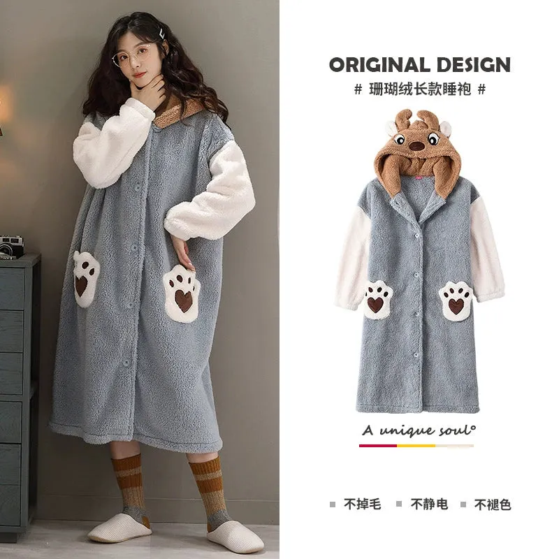 Plus Velvet Coral Velvet Pajamas Nightgown  Cute Bathrobe and Nightdress for Women