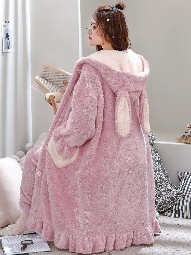 Plus Velvet Coral Velvet Pajamas Nightgown  Cute Bathrobe and Nightdress for Women