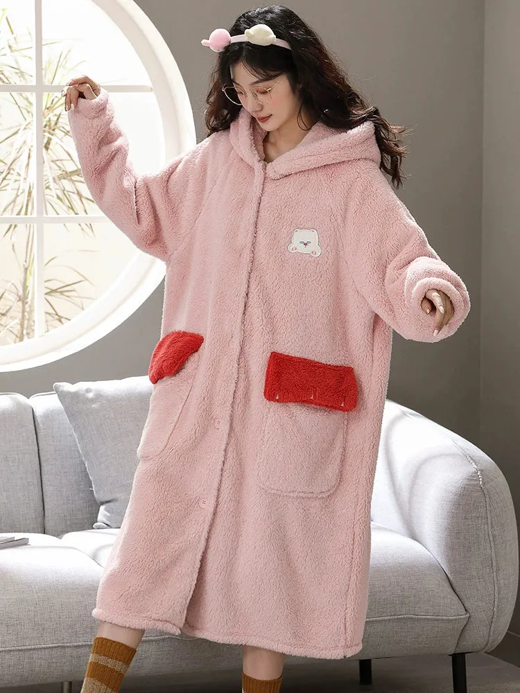 Plus Velvet Coral Velvet Pajamas Nightgown  Cute Bathrobe and Nightdress for Women