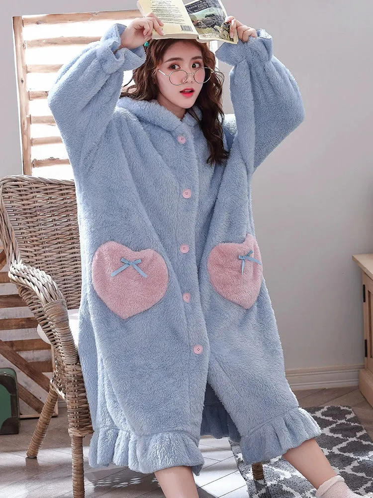 Plus Velvet Coral Velvet Pajamas Nightgown  Cute Bathrobe and Nightdress for Women