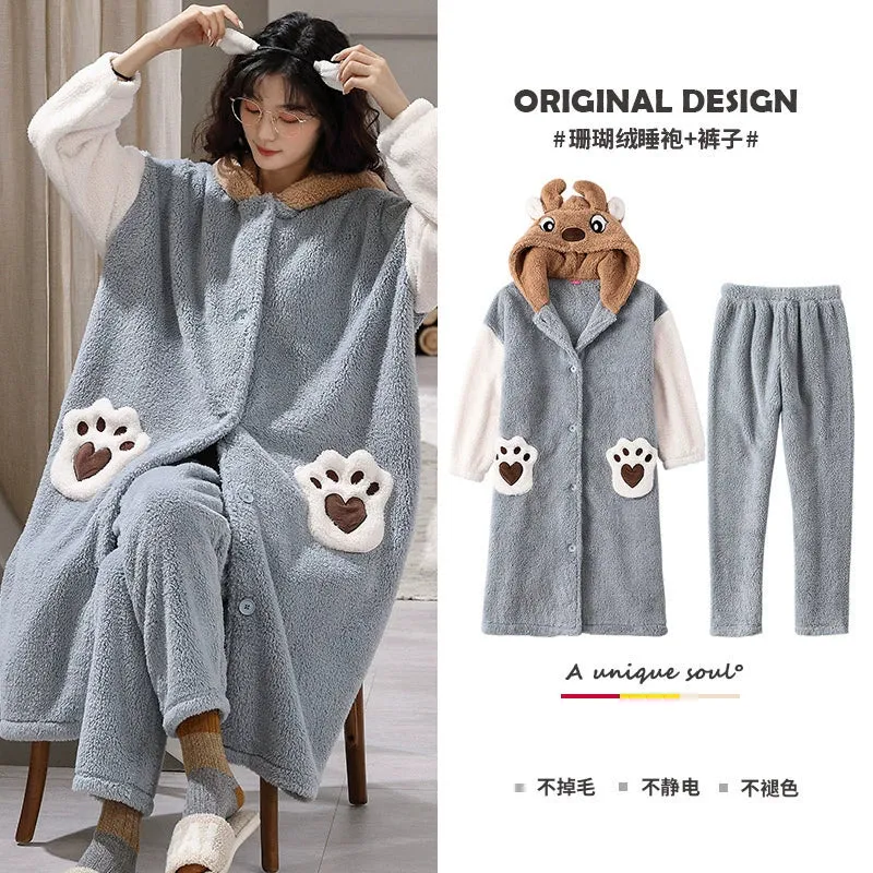 Plus Velvet Coral Velvet Pajamas Nightgown  Cute Bathrobe and Nightdress for Women