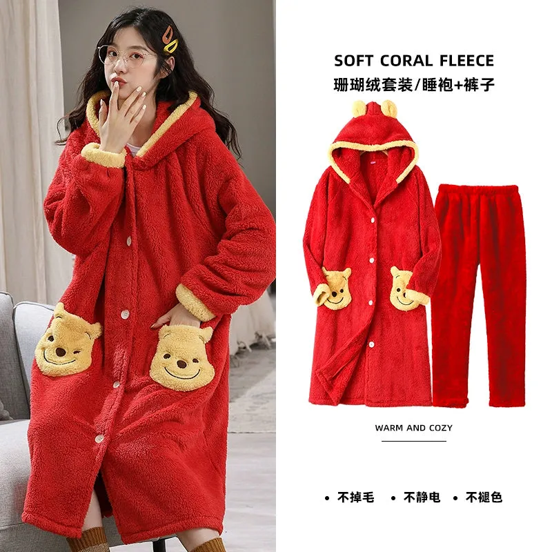 Plus Velvet Coral Velvet Pajamas Nightgown  Cute Bathrobe and Nightdress for Women