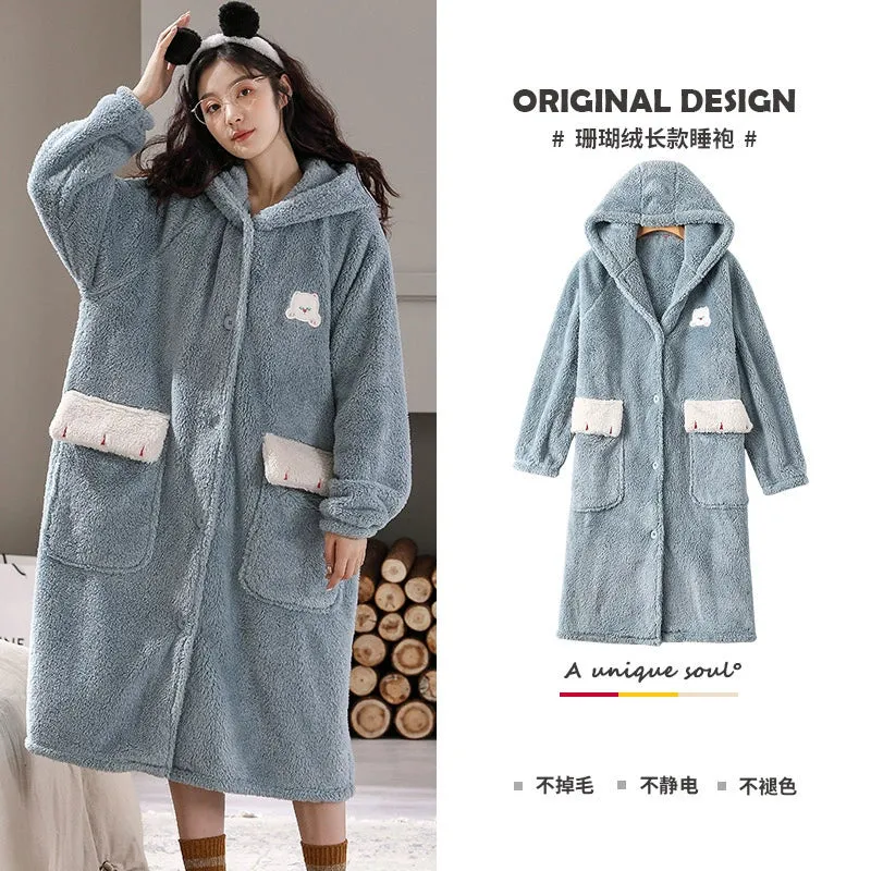 Plus Velvet Coral Velvet Pajamas Nightgown  Cute Bathrobe and Nightdress for Women