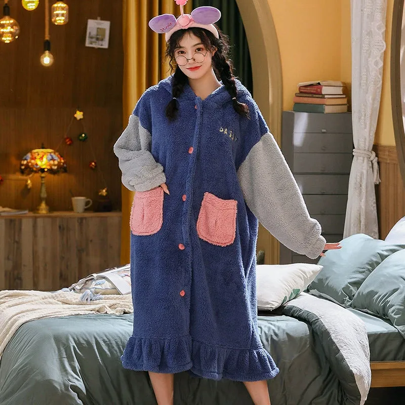 Plus Velvet Coral Velvet Pajamas Nightgown  Cute Bathrobe and Nightdress for Women
