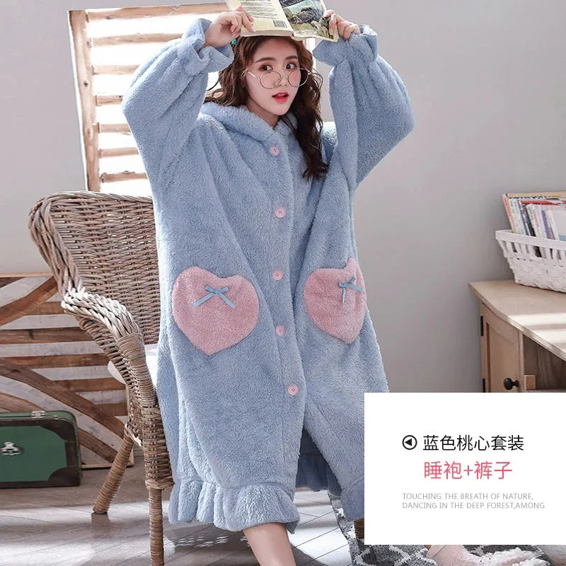 Plus Velvet Coral Velvet Pajamas Nightgown  Cute Bathrobe and Nightdress for Women
