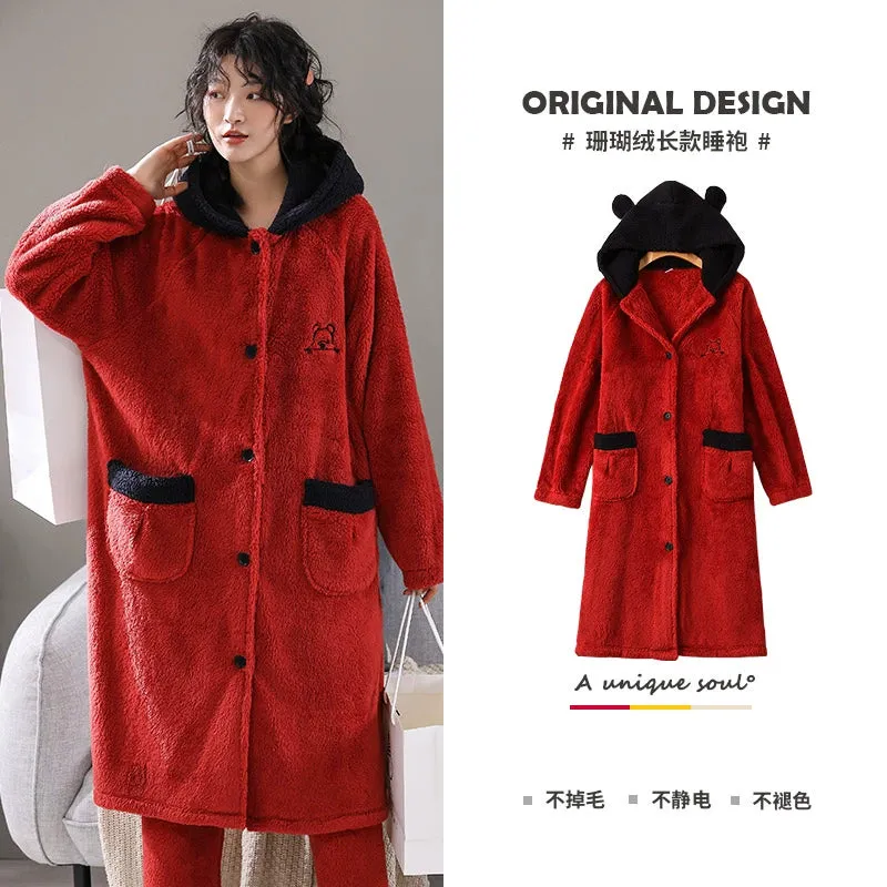 Plus Velvet Coral Velvet Pajamas Nightgown  Cute Bathrobe and Nightdress for Women