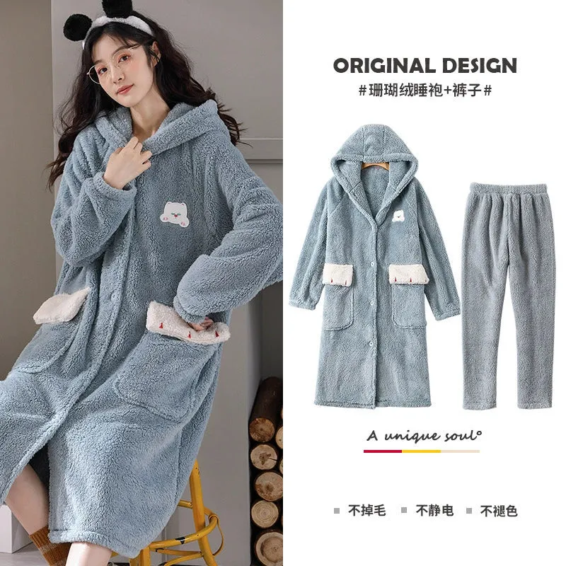 Plus Velvet Coral Velvet Pajamas Nightgown  Cute Bathrobe and Nightdress for Women