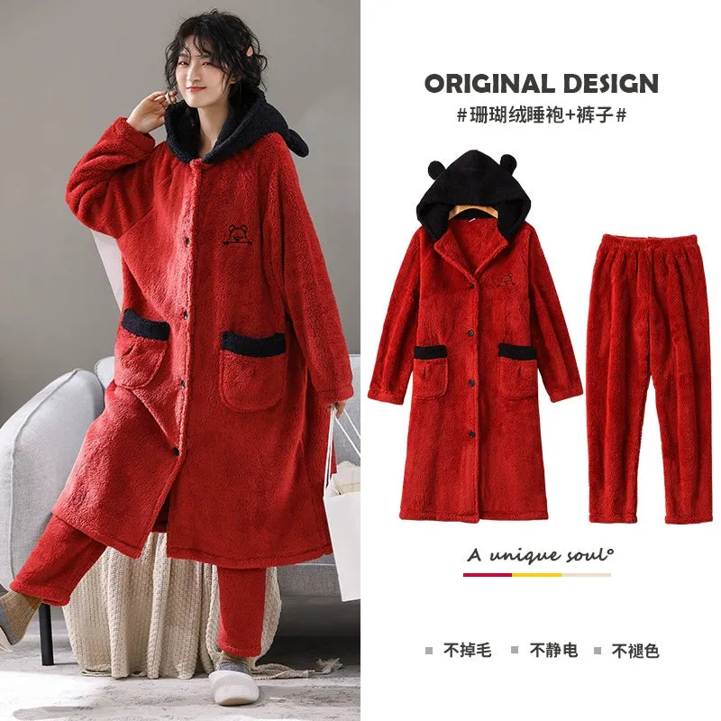 Plus Velvet Coral Velvet Pajamas Nightgown  Cute Bathrobe and Nightdress for Women