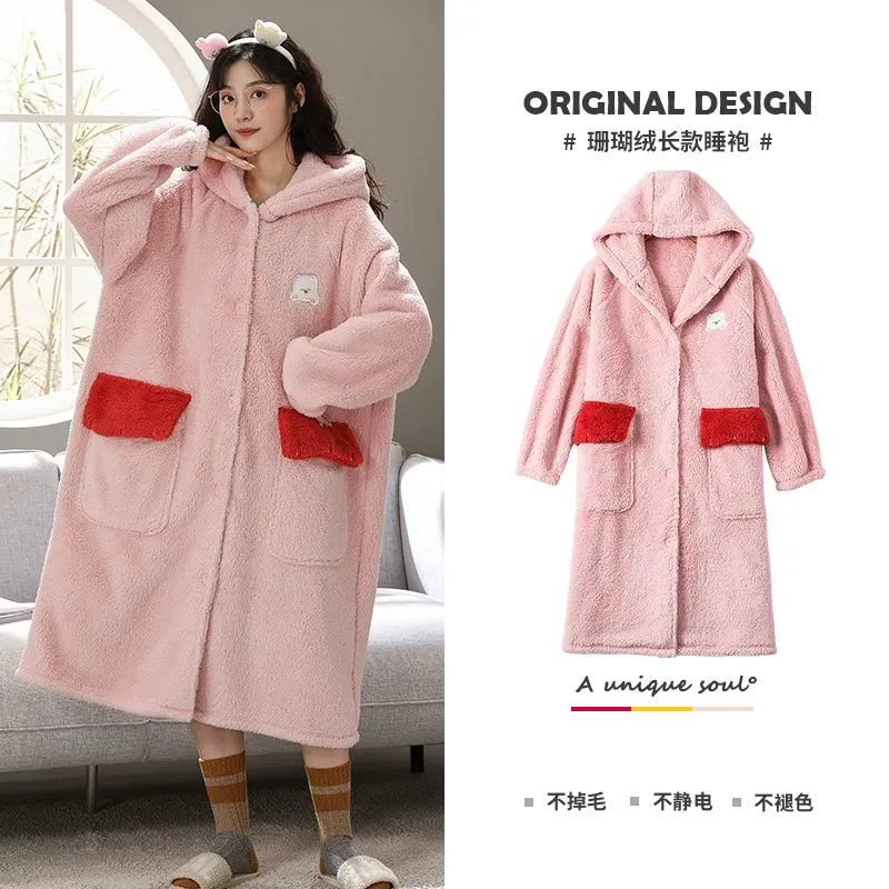 Plus Velvet Coral Velvet Pajamas Nightgown  Cute Bathrobe and Nightdress for Women