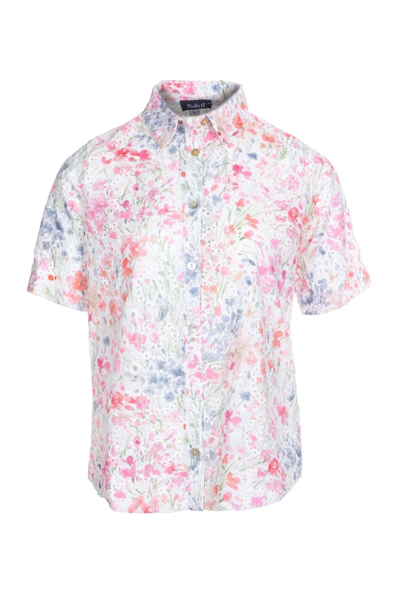 Printed Broderie Anglaise Shirt | PINK WATERCOLOUR | 8401A1