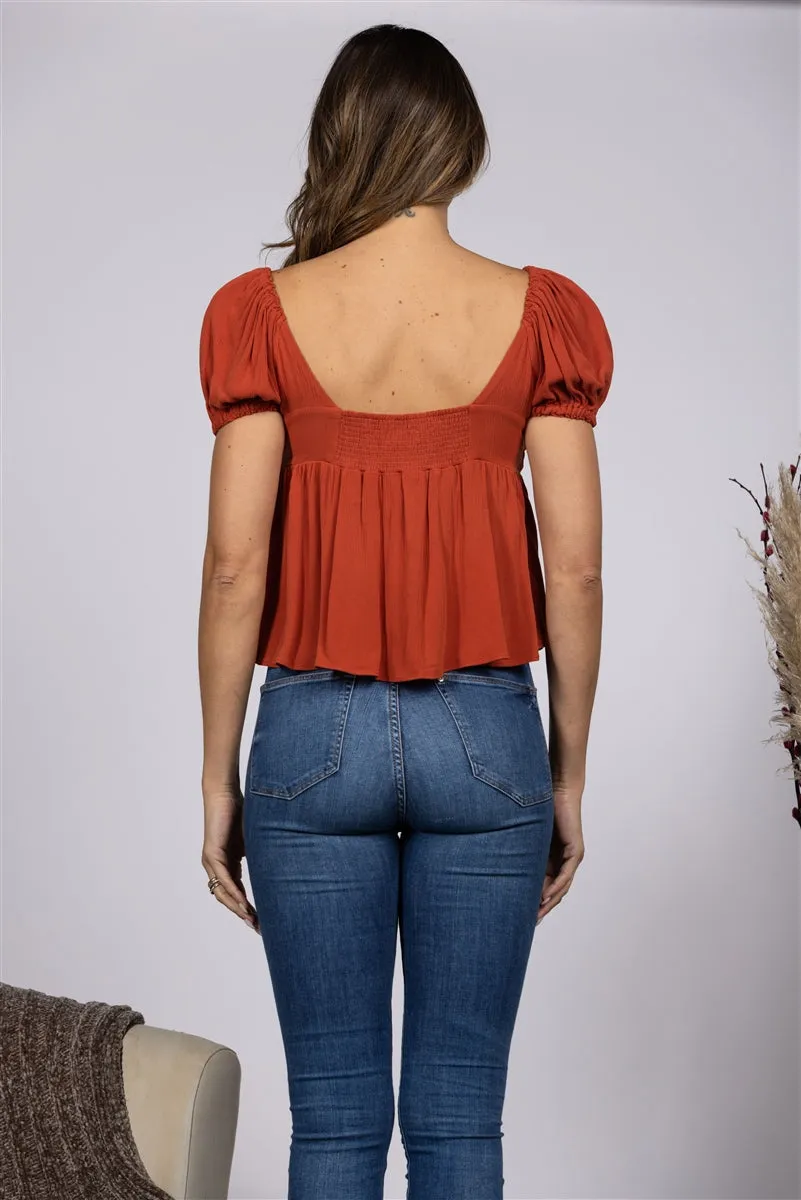 RUFFLED PLUGING SHORT PUFF SLEEVE TOP by Stylish Wholesale Inc