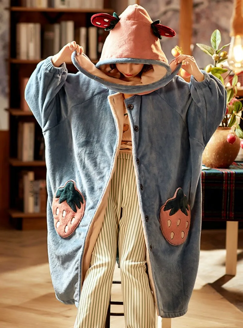 STRAWBERRY CORAL FLEECE PAJAMAS BATHROBE WARM HOODED