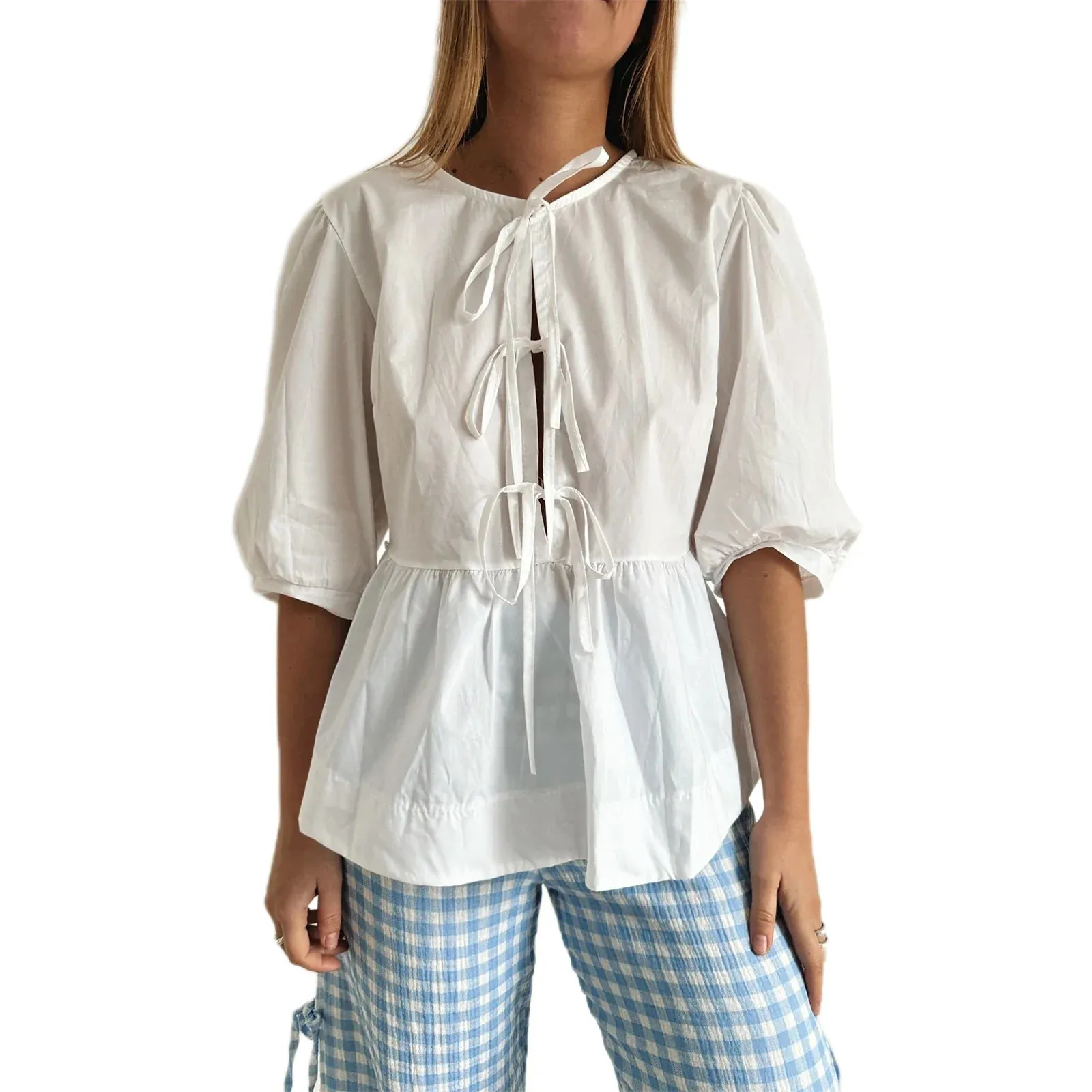 Summer Casual Loose Half Sleeve Open Front Tie Up Solid Color Plaid Ruffle Hem Spring Blouse