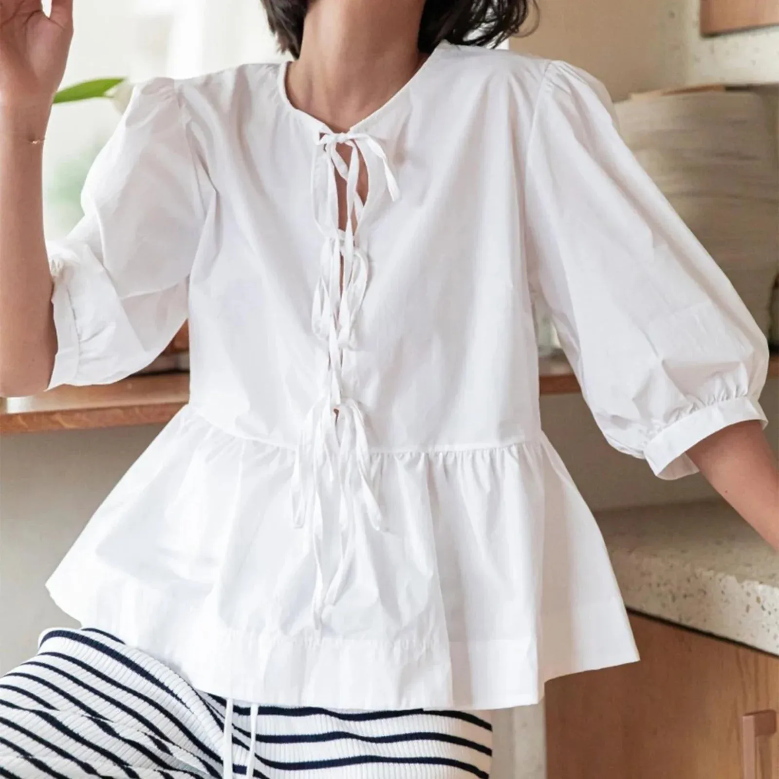 Summer Casual Loose Half Sleeve Open Front Tie Up Solid Color Plaid Ruffle Hem Spring Blouse