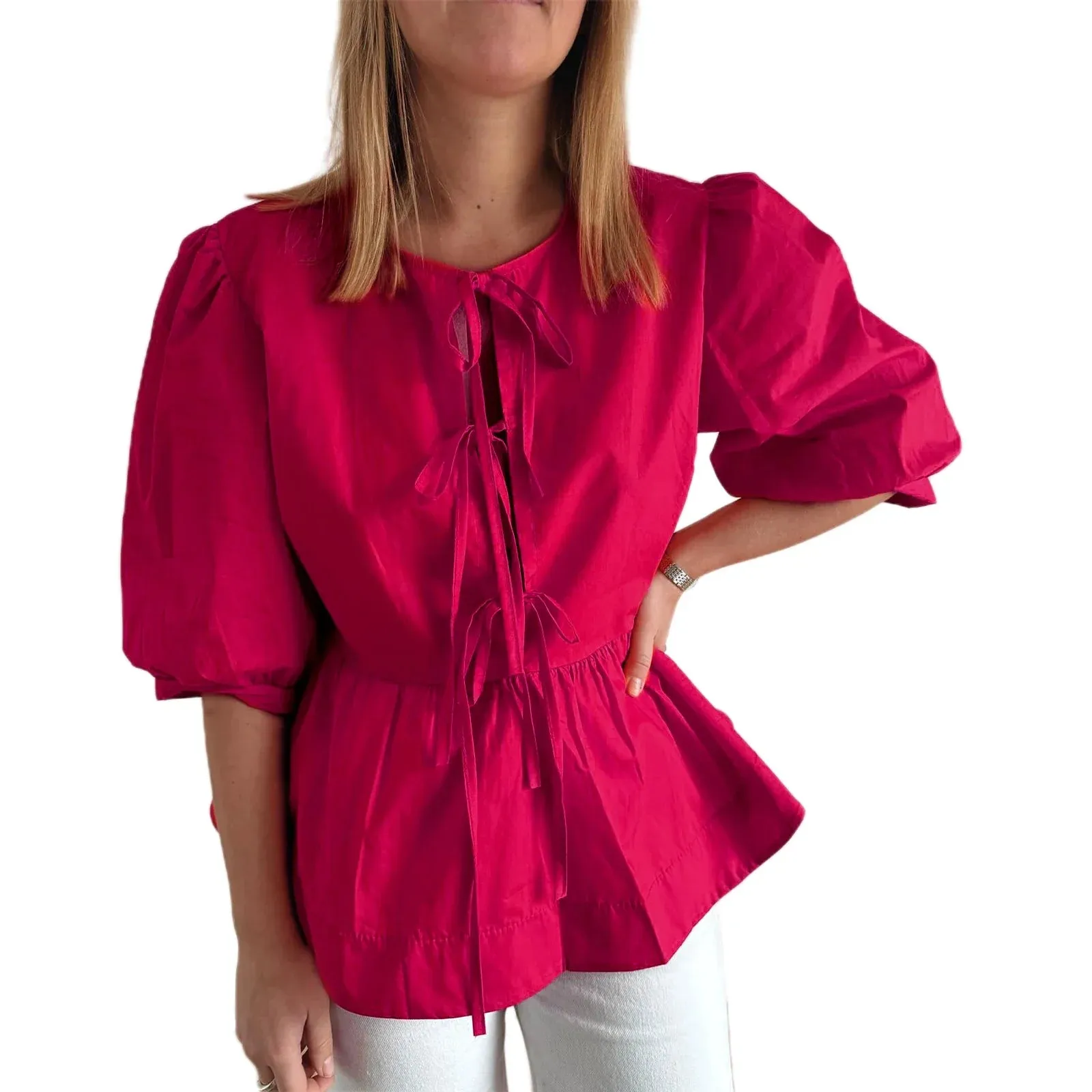 Summer Casual Loose Half Sleeve Open Front Tie Up Solid Color Plaid Ruffle Hem Spring Blouse