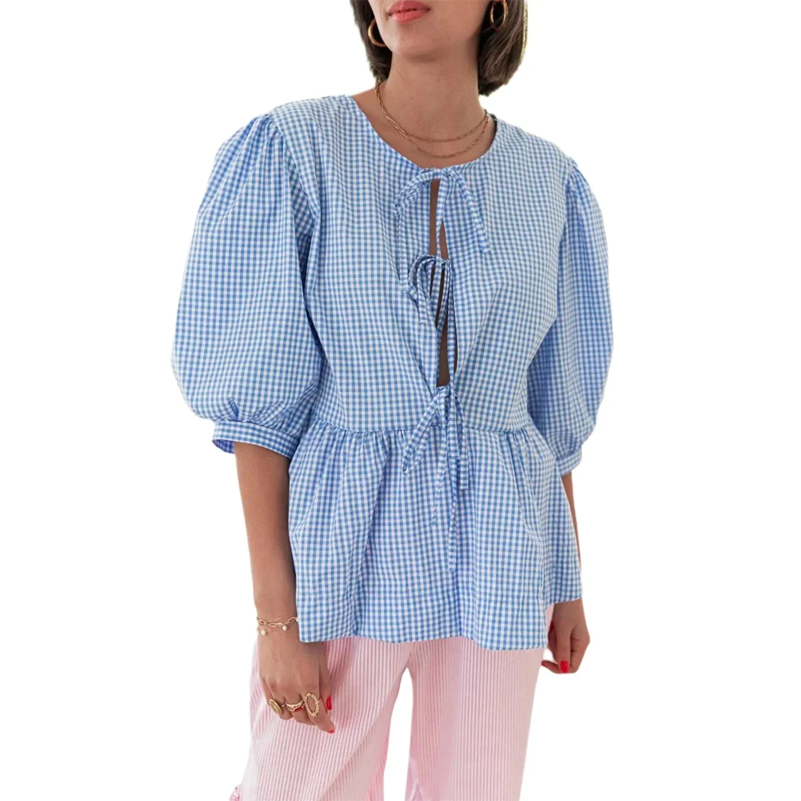 Summer Casual Loose Half Sleeve Open Front Tie Up Solid Color Plaid Ruffle Hem Spring Blouse