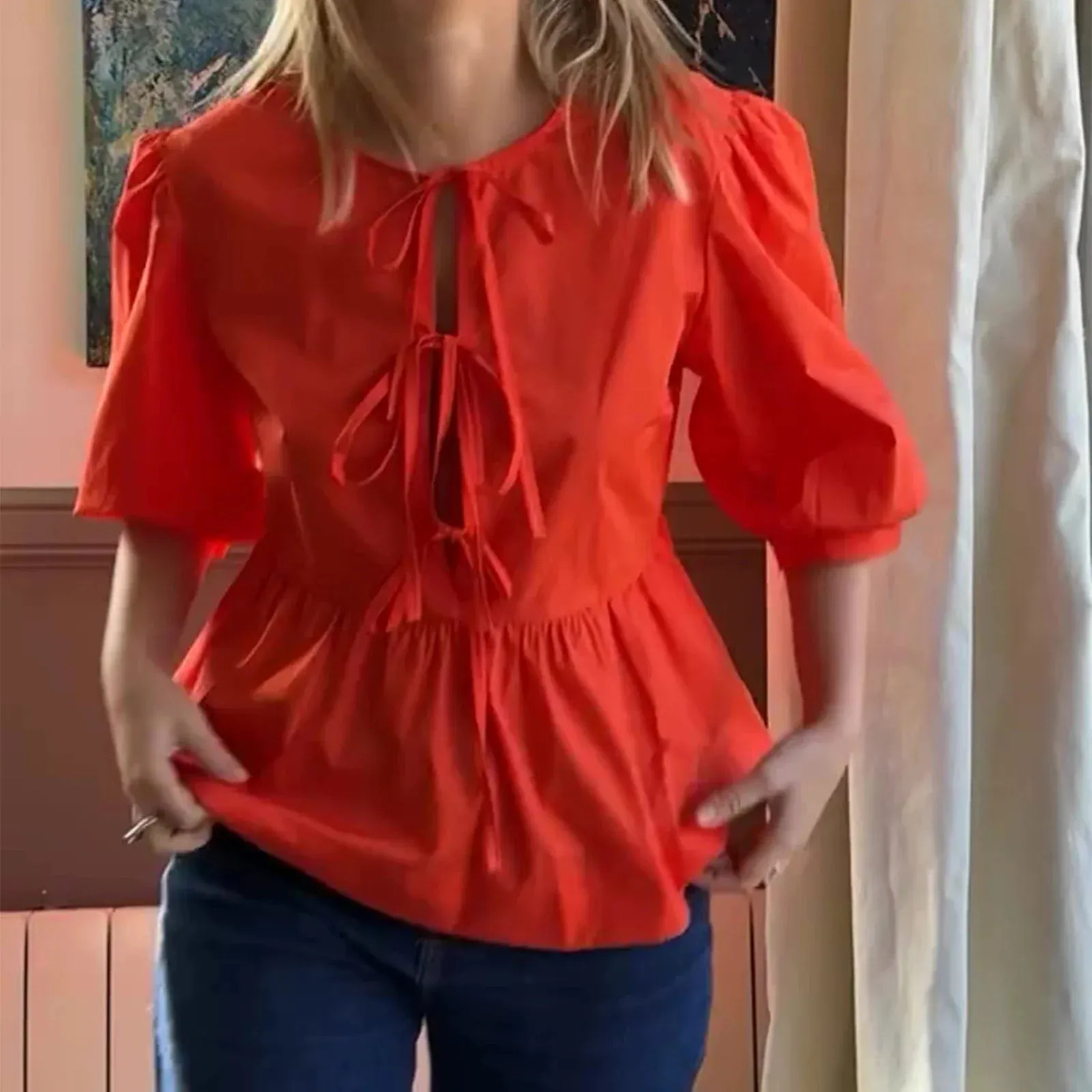 Summer Casual Loose Half Sleeve Open Front Tie Up Solid Color Plaid Ruffle Hem Spring Blouse
