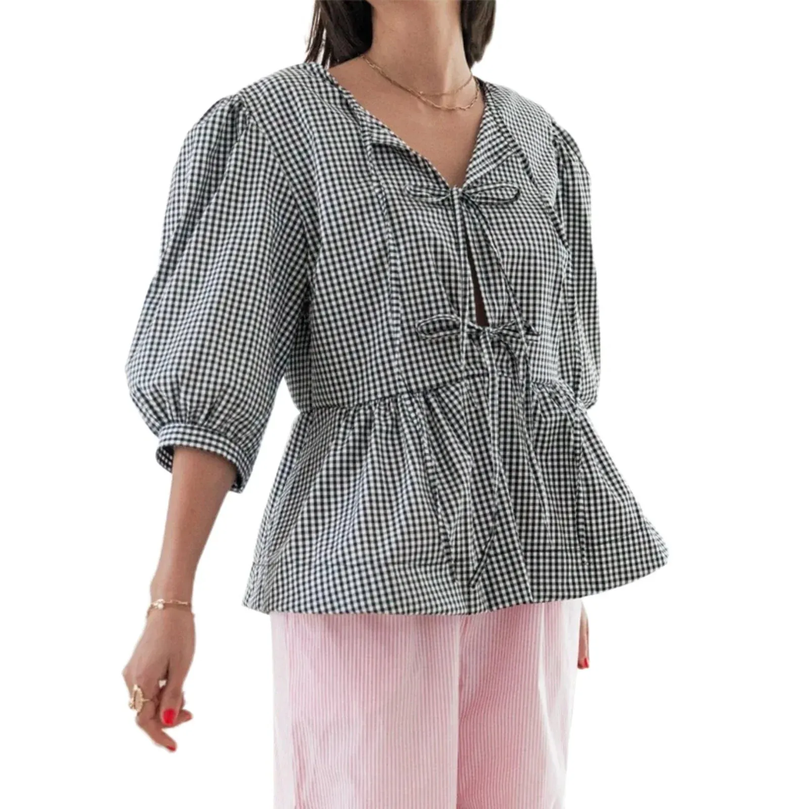 Summer Casual Loose Half Sleeve Open Front Tie Up Solid Color Plaid Ruffle Hem Spring Blouse