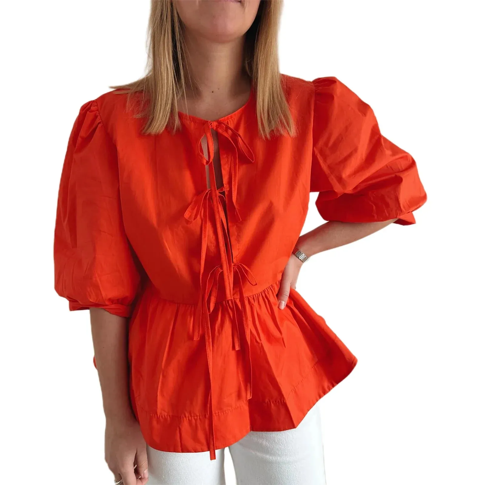 Summer Casual Loose Half Sleeve Open Front Tie Up Solid Color Plaid Ruffle Hem Spring Blouse