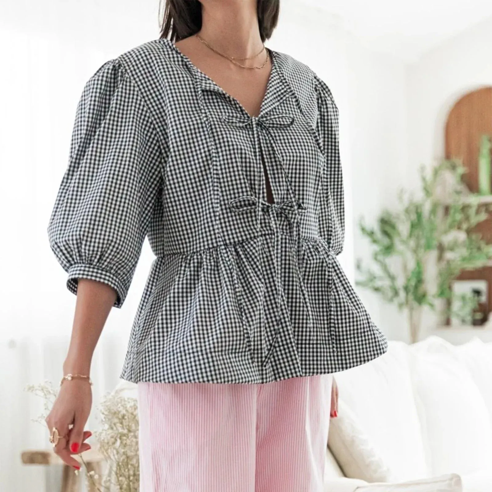 Summer Casual Loose Half Sleeve Open Front Tie Up Solid Color Plaid Ruffle Hem Spring Blouse