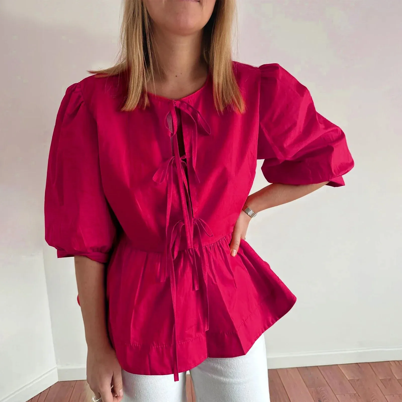 Summer Casual Loose Half Sleeve Open Front Tie Up Solid Color Plaid Ruffle Hem Spring Blouse