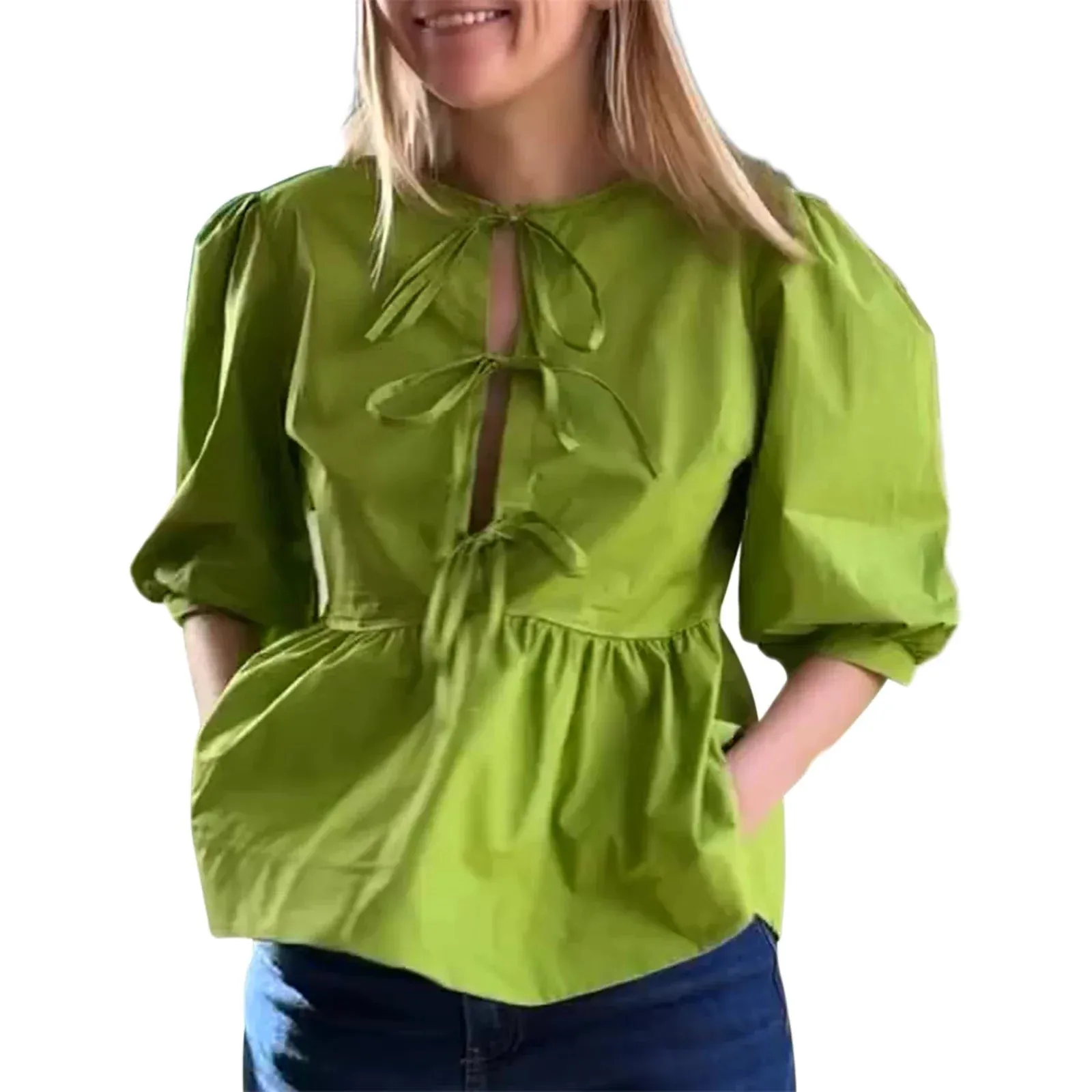 Summer Casual Loose Half Sleeve Open Front Tie Up Solid Color Plaid Ruffle Hem Spring Blouse
