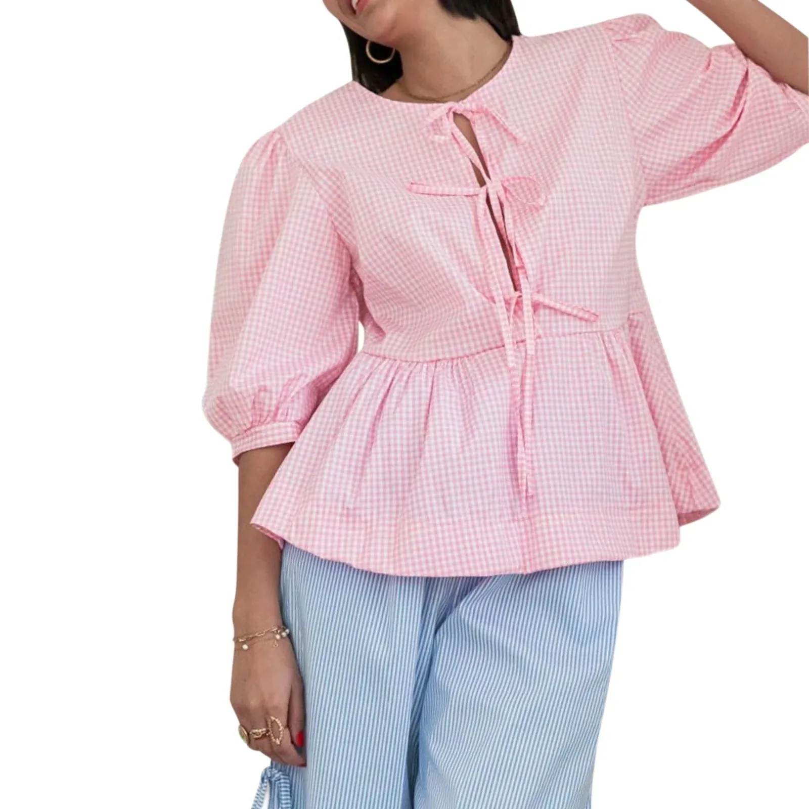 Summer Casual Loose Half Sleeve Open Front Tie Up Solid Color Plaid Ruffle Hem Spring Blouse