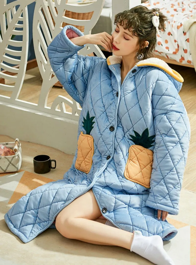THREE-LAYER THICKENED WARM CORAL FLEECE PAJAMAS PINEAPPLE