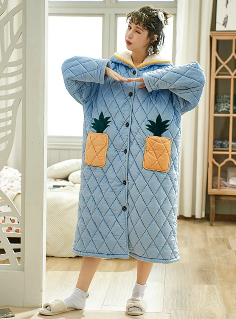 THREE-LAYER THICKENED WARM CORAL FLEECE PAJAMAS PINEAPPLE