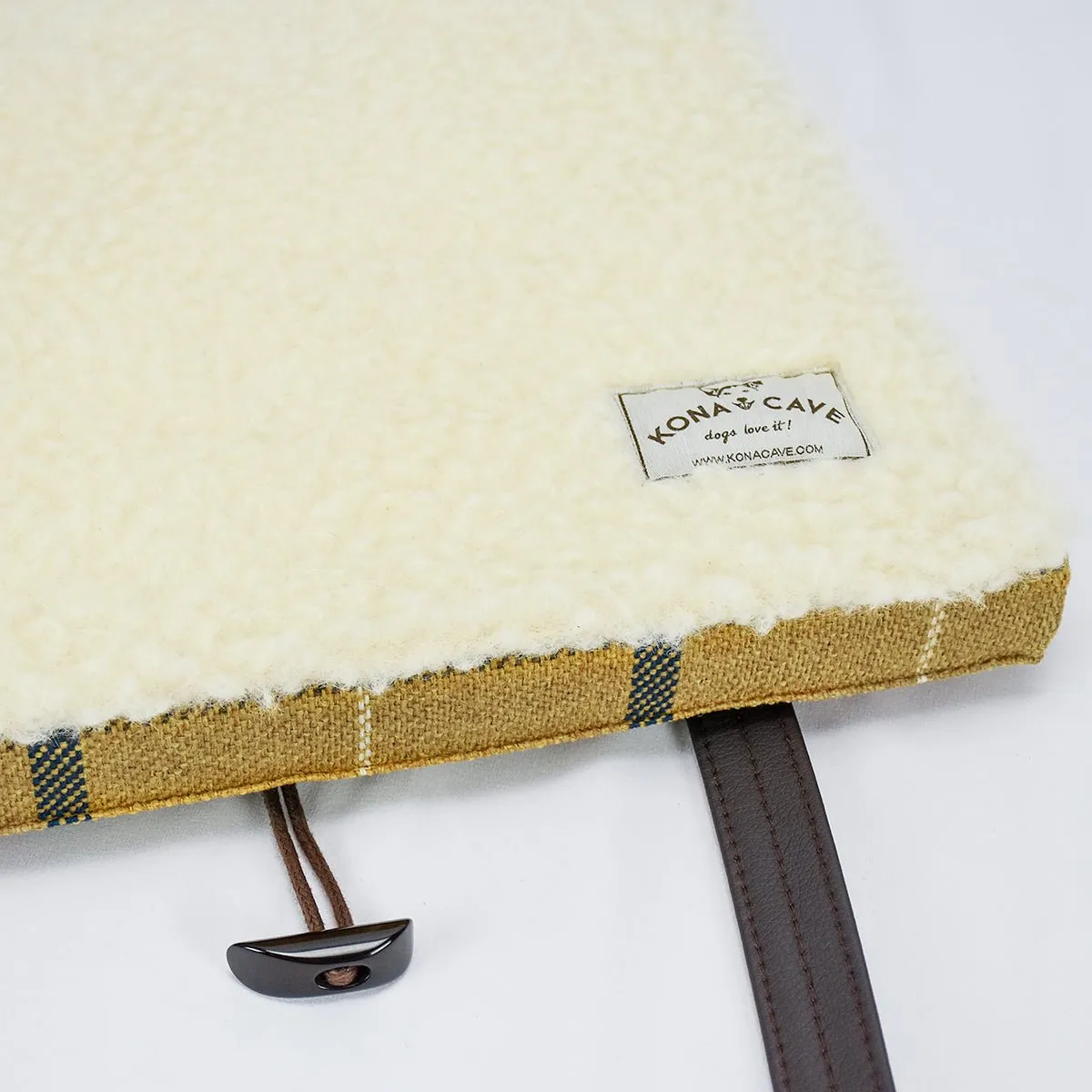 Travel Dog Bed - Gold Country Plaid with Fluffy Wool Lining