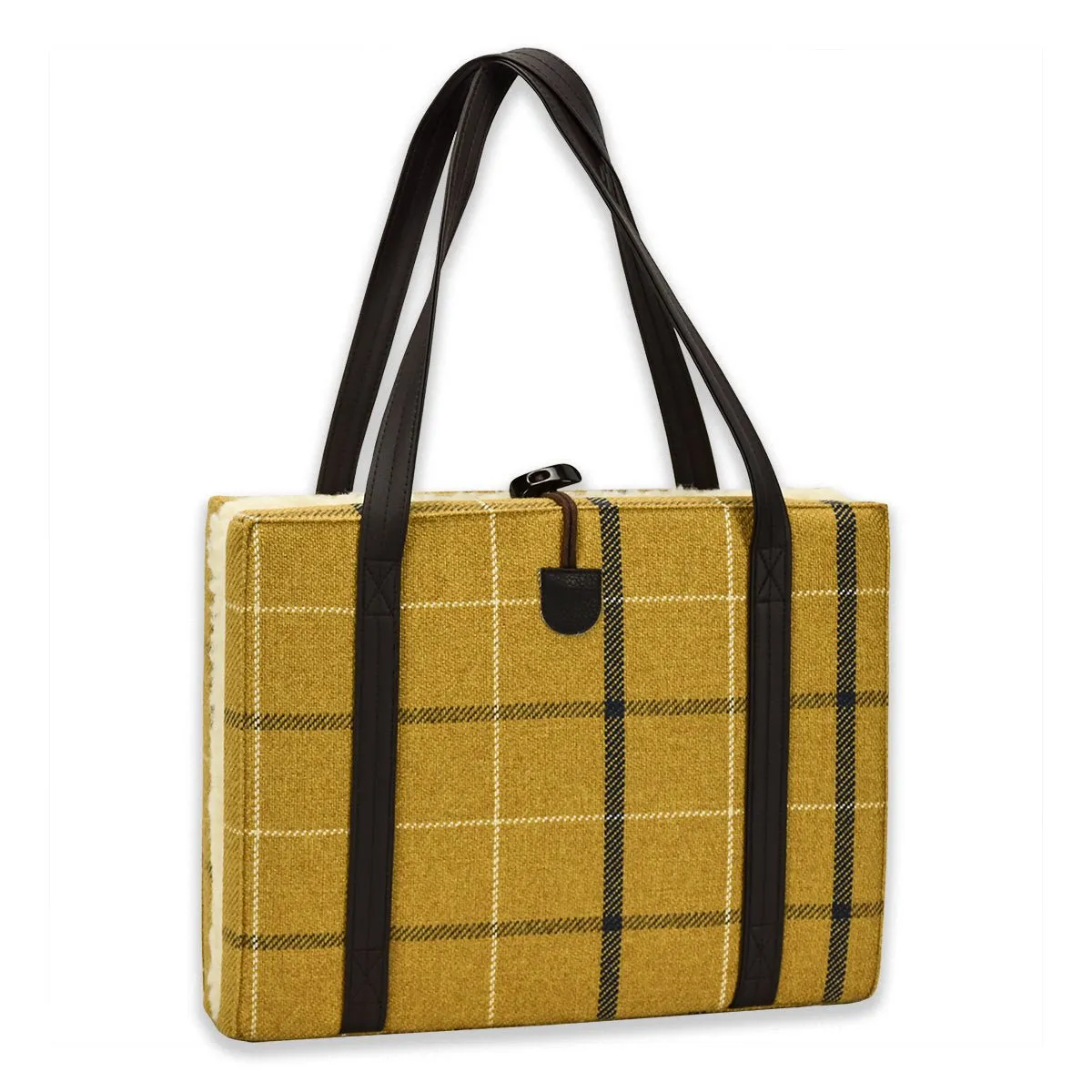 Travel Dog Bed - Gold Country Plaid with Fluffy Wool Lining