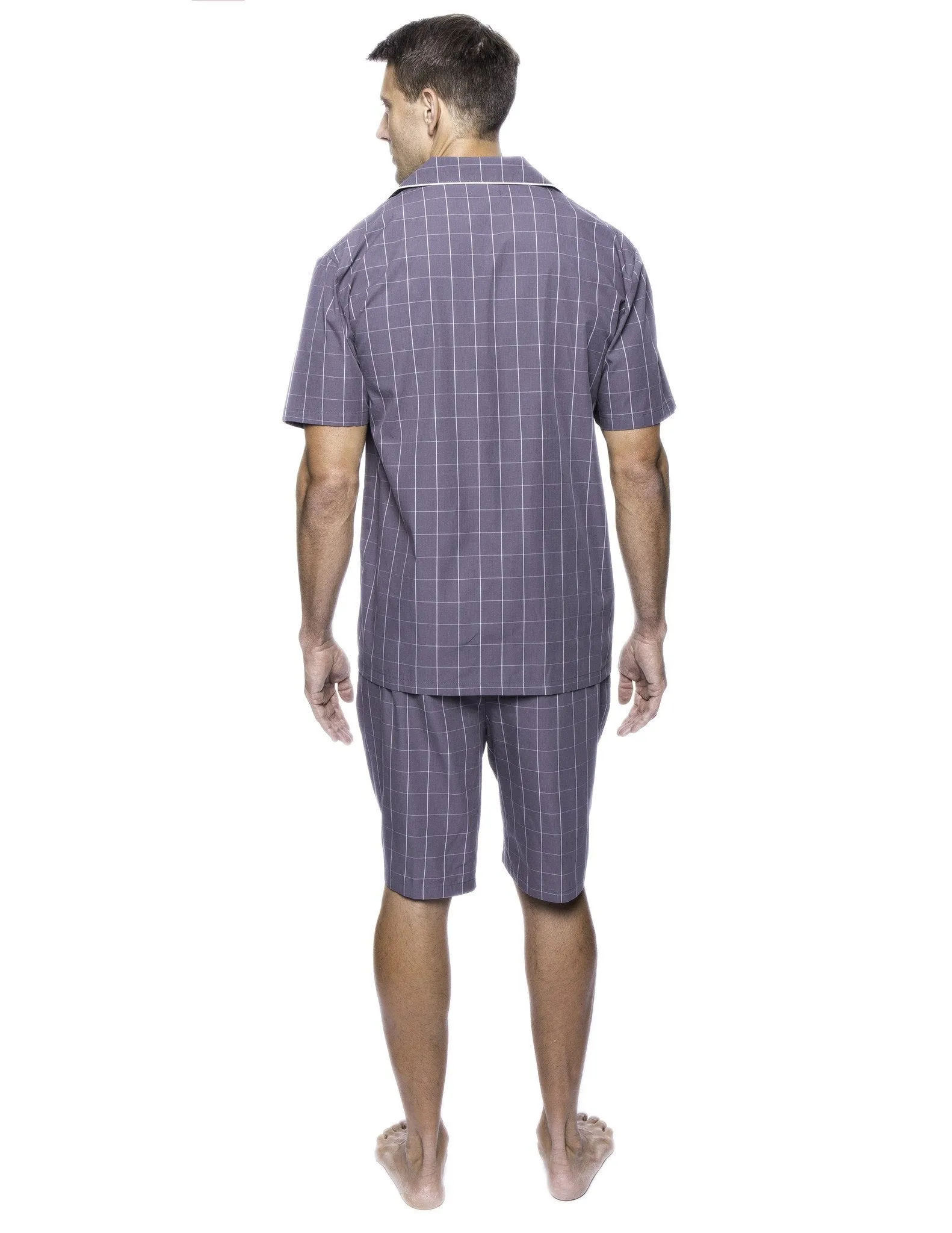 Twin Boat Men's 100% Woven Cotton Short Pajama Sleepwear Set - Windowpane Checks Grey