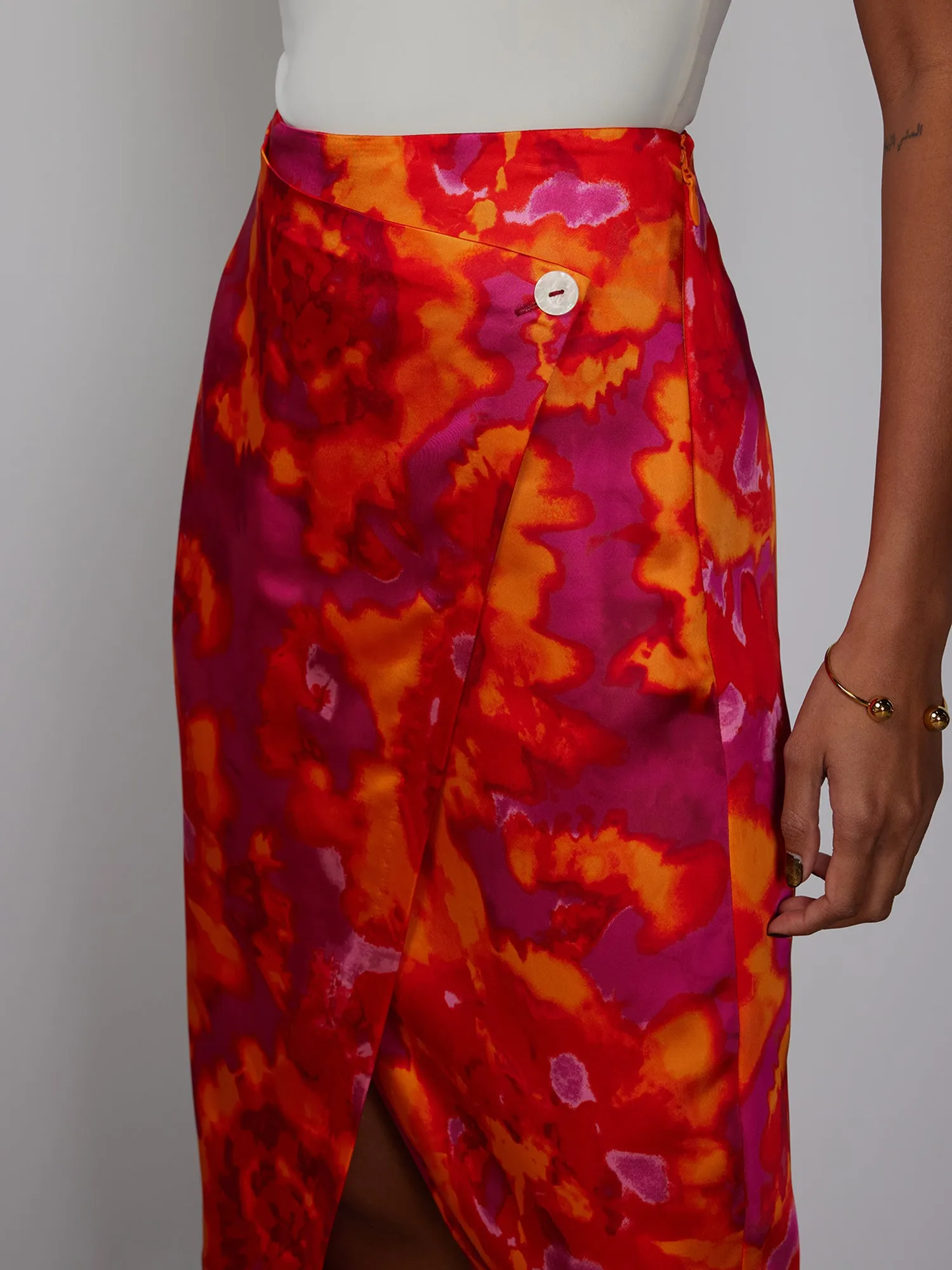 Watercolor Satin Wrap Floral Skirt