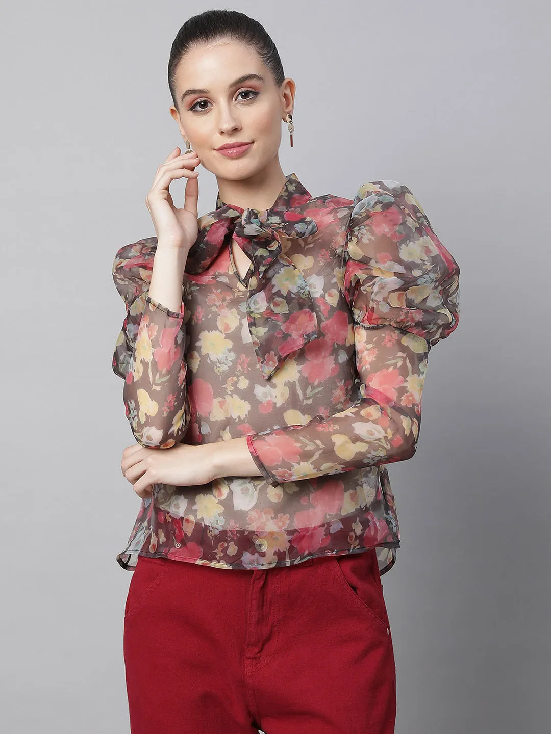 Women Puffed Sleeves Floral Printed Brown Blouson Top