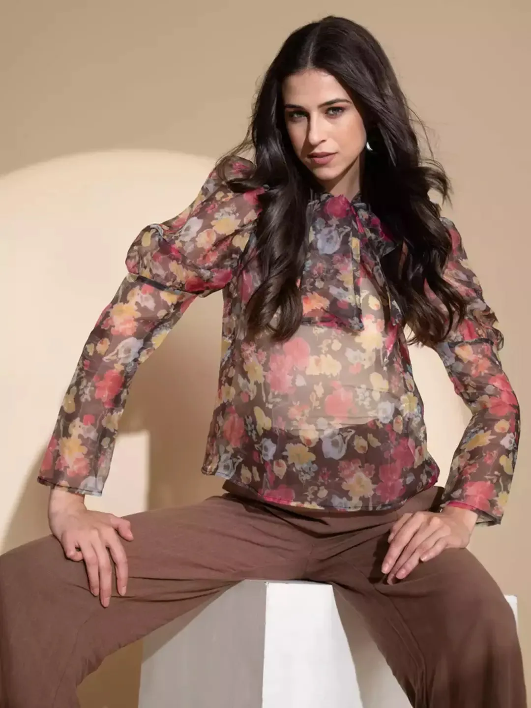 Women Puffed Sleeves Floral Printed Brown Blouson Top